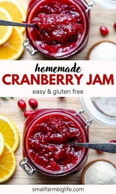 homemade cranberry jam in jars with oranges and other ingredients on the side