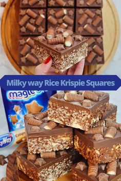 there are many pieces of food stacked on top of each other with the words milky way rice krispie squares