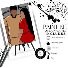 an image of a man and woman with paint on the wall next to it's easel