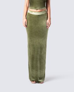 Ayla Olive Green Velvet Maxi Skirt – FINESSE Olive Green Fur Skirt Set, Olive Green Slip Skirt, Luxury Fitted Green Skirt, Velvet Midi Skirt Maxi, Affordable Fitted Green Maxi Skirt, Olive Green Maxi Skirt, Velvet Tube Top, Swamp Witch, Fuzzy Skirt