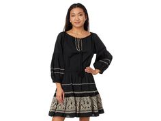 LAUREN Ralph Lauren Embroidered Cotton Voile Dress - Women's Dress : Black/Tan : Cut from lightweight cotton voile, this knee-grazing LAUREN Ralph Lauren Embroidered Cotton Voile Dress is designed with thoughtful details like delicate smocking, ruffle trim, and beautiful embroidery at the bodice and skirt hem. Slight fit-and-flare silhouette. Intended to hit above the knee. Ruffle-trim V-neck. Flutter sleeves. Smocking at the shoulders. Shirring into the sleeve caps. Embroidery placed at the bodice and skirt hem. Smocking at the waist. Shirring into the waistband. Machine washable. 100% cotton. Measurements: &amp,#8226, Length: 38 in. Product measurements were taken using size MD. Please note that measurements may vary by size. Imported. Peasant Dresses With Smocked Cuffs For Daywear, Casual Embroidered Daywear Dresses, Peasant Cotton Dress With Smocked Cuffs, Spring Peasant Style Smocked Dress, Peasant Style Smocked Dress For Spring, Casual Cotton Peasant Dress, Peasant Dresses For Daywear, Spring Folk Dress With Lace Trim, Spring Peasant Dress