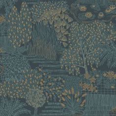 a blue and gold wallpaper with trees, plants and flowers on the side of it