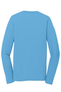 4.5-ounce, 65/35 poly/cotton; A soft cotton hand feel; Dry Zone moisture-wicking technology; Hemmed cuffs; Removable tag for comfort and relabeling Basic Blue Long Sleeve T-shirt, Blue Long Sleeve Basic T-shirt, Light Blue Stretch Long Sleeve Tops, Light Blue Long Sleeve Stretch Top, Fitted Long Sleeve Blue T-shirt, Moisture Wicking, Technology, Long Sleeve, Fabric