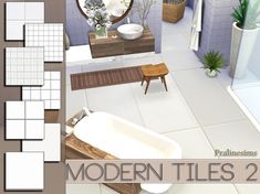 a bathroom is shown with white tiles on the floor and in the bathtub there are potted plants next to the tub