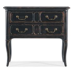 an old black dresser with brass handles and drawers on the bottom, against a white background