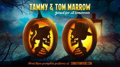 two carved pumpkins with the words tommy and tom narrow on them