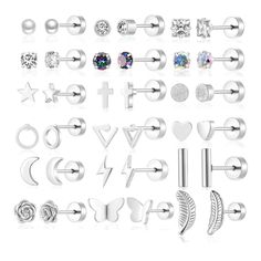 PRICES MAY VARY. Flat Back Stud Earrings for Women-Package includes 18 pairs of stainless steel stud earrings in different styles.The small flat back earrings set is very fashionable and affordable,Believe us this is a very cost-effective attempt.There are rainbow/clear/AB whith round Cubic Zirconia cartilage stud earrings, triangle, moon, star,butterfly, flower,pearl,lightning,hoops earrings, etc Screw Back Stud Earrings Size-Post Length:6mm,Gauge:20G=0.8mm pin thickness,flatback size:5mm. Pear Septum Piercing Jewelry, Small Silver Hoop Earrings, Conch Piercing Jewelry, Cartilage Earrings Stud, Cartilage Earrings Hoop, Flat Back Earrings, Conch Piercing, Steel Earrings, Small Flat