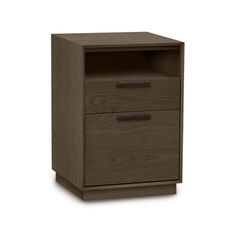 a wooden nightstand with two drawers on the bottom and one drawer open to reveal an empty space