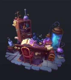 ArtStation - Spells and Potions , Loóna Potion Permit Fanart, Laboratory Concept Art, Magic Laboratory, Potion Station, Potion Table, Spells And Potions, Environment Projects, Fantasy Map Making