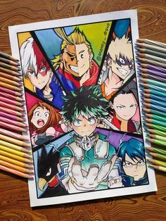 an image of anime characters with colored pencils in front of them on a table