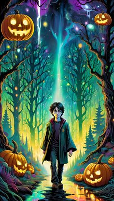 a painting of a boy walking through a forest with pumpkins on the ground and lights in the trees