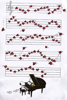 a drawing of a piano with hearts on it and notes coming out of the keys