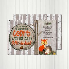 two greeting cards with woodland animals on them