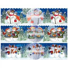 four snowmen with hats, scarfs and scarves