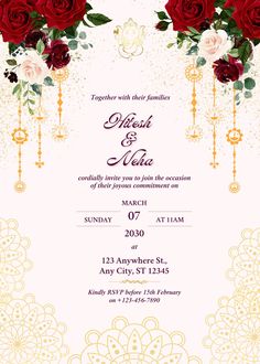 an ornate wedding card with roses and jewels on the front, in red and gold