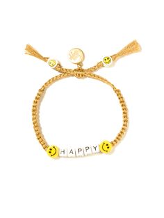 Smile more, worry less 😀 6" Adjustable gold threadwork Drawstring closure (extendable up to 8") Gold plated brass hardware Ceramic charms Handmade in New York City. Due to the handmade nature of our products, some charms may vary in color and style or be replaced if unavailable. Please allow 5-7 business days for production. Cheerful Adjustable Friendship Bracelets As Gift, Handmade Gold Friendship Bracelets, Trendy Gold Friendship Bracelets For Festival, Yellow Adjustable Cord Bracelet, Gold Bohemian Braided Bracelets For Friendship, Casual Gold Jewelry For Festivals, Cheerful Adjustable Jewelry For Friendship, Gold Bohemian Friendship Bracelets For Everyday, Bohemian Gold Friendship Bracelets For Everyday