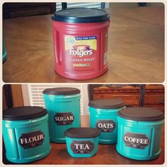 teal colored canisters with labels on them