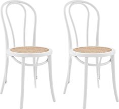 two white chairs with wicker seats on each one and the other in different positions