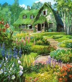 a painting of a house in the middle of a garden with flowers and plants around it