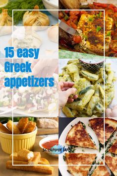 different types of greek appetizers with text overlay