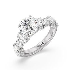 a three stone engagement ring with diamonds on the band and side stones in white gold