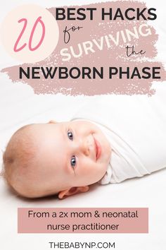 a baby laying on top of a bed with the words 20 best hacks for surviving newborn