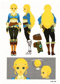 the legend of zeolim character sheet is shown in three different poses, including blonde hair