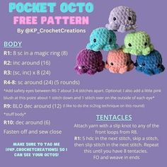 the instructions for how to crochet an octopus with three different colors and sizes