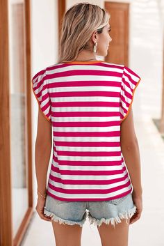 Material:50%Viscose+45%Polyester+5%Elastane • Elevate your casual look with this tee featuring chic striped design and eye-catching contrast binding, perfect for adding a touch of style to your everyday outfits. • Stand out in the crowd with the unique butterfly sleeves that add a playful and feminine touch to this top, making it a versatile piece for both casual outings and special occasions. • The ruffle sleeve detail adds a trendy and elegant flair to this tee, creating a stylish silhouette t Animal Print Jumpsuit, Unique Butterfly, Tunic Sweatshirt, Swimsuit Dress, Striped T Shirt, Butterfly Sleeves, Printed Jumpsuit, Contrast Trim, Sleeve Detail