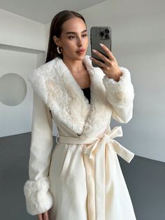 Abrigo entallado de mujer con parche de color liso en el cuello Blanco Elegante  manga larga Tela tejida Liso Envolvente No-Elástico  Women Clothing, size features are:Bust: ,Length: ,Sleeve Length: Coat White, Women Overcoat, Knitted Coat, Wool Blend Coat, Woolen Coat, Long Sleeve Knit Tops, Inspiration Mode, Polar Fleece, Long Sleeve Casual