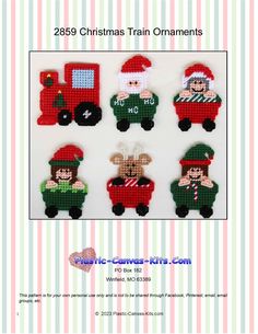 cross stitch christmas train ornaments with santa claus and other characters on the front, along with an ornament