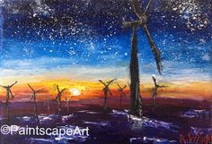 an acrylic painting of windmills at sunset