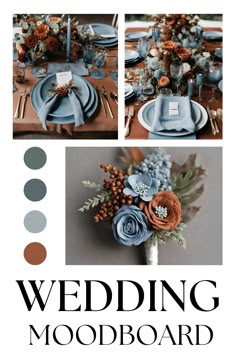 wedding mood board with blue and orange flowers, greenery and candles on the table