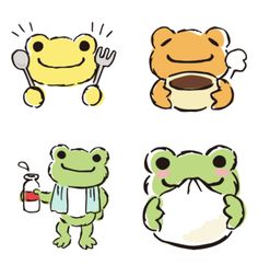 four different types of frog stickers on a white background, one with a fork and spoon