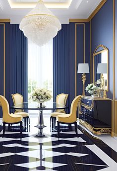 an elegant dining room with blue walls and gold accents