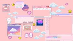 the wallpaper is pink and has many different items on it, including clouds, stars, and hearts