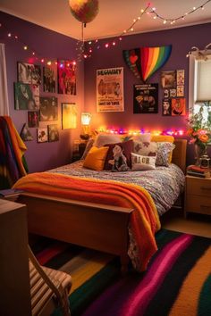 a bedroom decorated with colorful lights and pictures on the wall