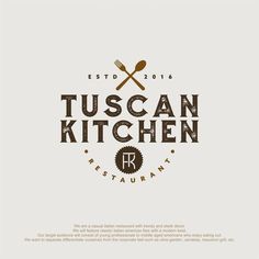 the logo for tuscann kitchen restaurant, with spoons and fork on it