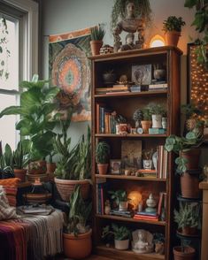 a room filled with lots of potted plants and bookshelves next to a window