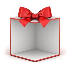 an open box with a red bow on the top and bottom, in front of a white background