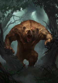 a bear is in the woods with its mouth open