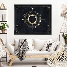 a living room filled with furniture and decor on top of a white floor covered in plants