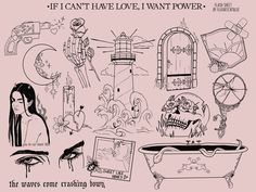 an old fashioned drawing with some pictures and words on it's back cover, as well as the caption that reads if i can't have love i want power