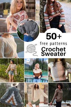 knitting patterns for sweaters and ponchies with text overlay that reads 50 + free patterns crochet sweater