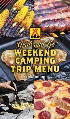 the grill and go weekend camping trip menu is shown with images of food on it