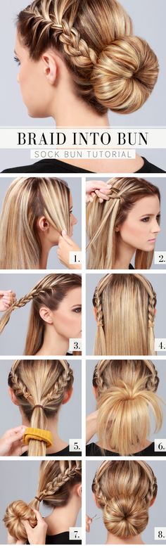 Lulus How-To: Braid into Bun Tutorial - Lulus.com Fashion Blog Sock Bun Hairstyles, Updos Prom, Cute Everyday Hairstyles, No Heat Hairstyles, Hair Bun Tutorial, Diy Braids, Bun Tutorial, Step By Step Hairstyles, Fishtail Braid