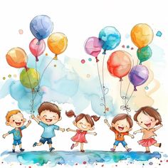 a group of children holding balloons in the air with watercolor splashing behind them