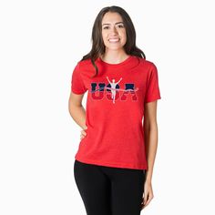 Our USA Runner tee is a celebration of patriotism and perseverance fused into one dynamic design. Made from a blend of lightweight and soft material, with a subtly heathered texture, the USA Runner tee ensures unparalleled comfort throughout the day. Its unisex, relaxed fit is tailored for all body types, guaranteeing supreme comfort during runs, workouts, or everyday adventures. Embrace the feeling of triumph and dedication with the USA Runner tee, where style meets endurance in a celebration o Cotton Sports T-shirt With Flag Print, Red Crew Neck T-shirt With Flag Print, Red Cotton T-shirt With Flag Print, Patriotic Red Cotton T-shirt, Red Short Sleeve Tops Made In Usa, Red T-shirt With American Flag For Independence Day, Red American Flag T-shirt For Independence Day, Sports T-shirt With Flag Print In Cotton, Flag Print Crew Neck Tops For Sports Events