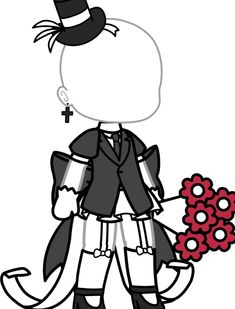 a black and white drawing of a man with flowers in his hand, wearing a top hat