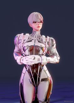 a woman in futuristic suit standing with her arms crossed